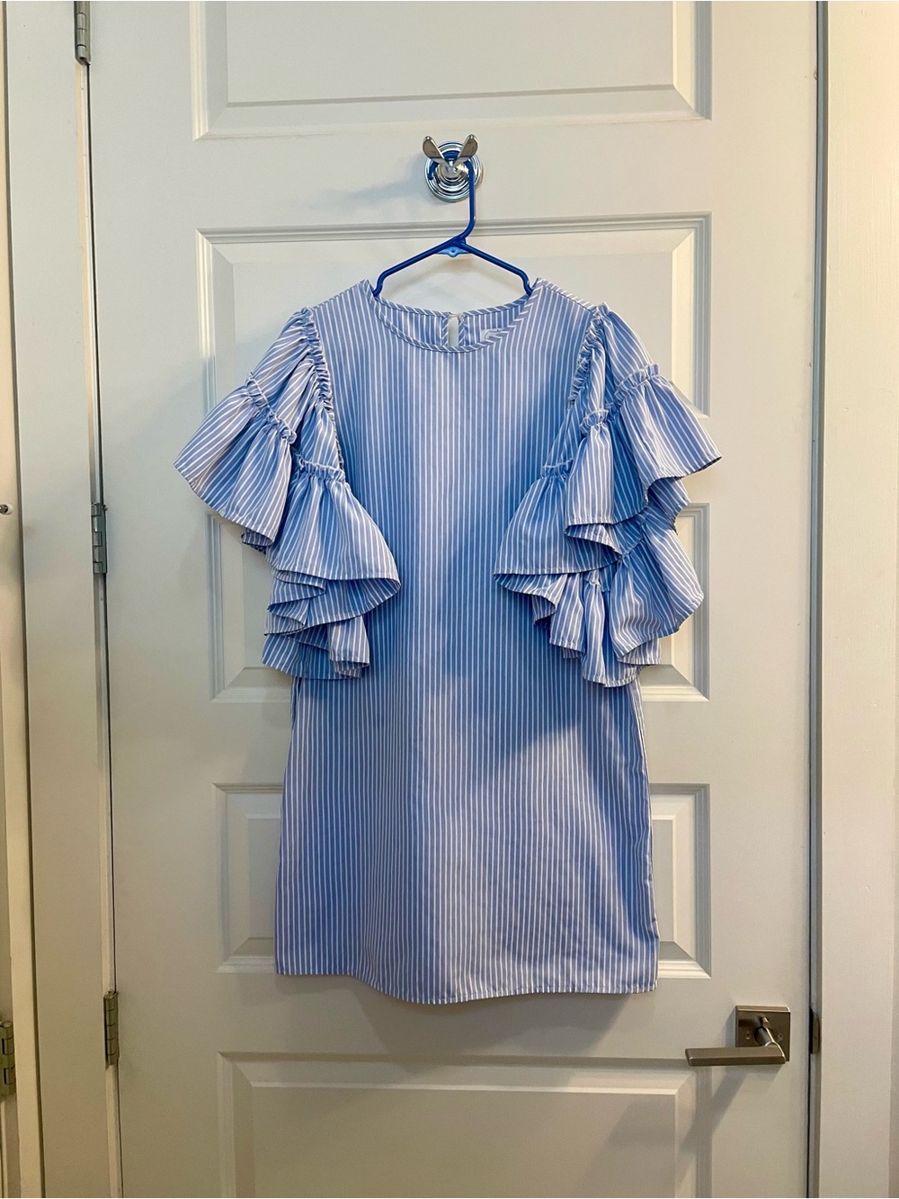 Light Blue Stripe Ruffle Sleeve Dress, S